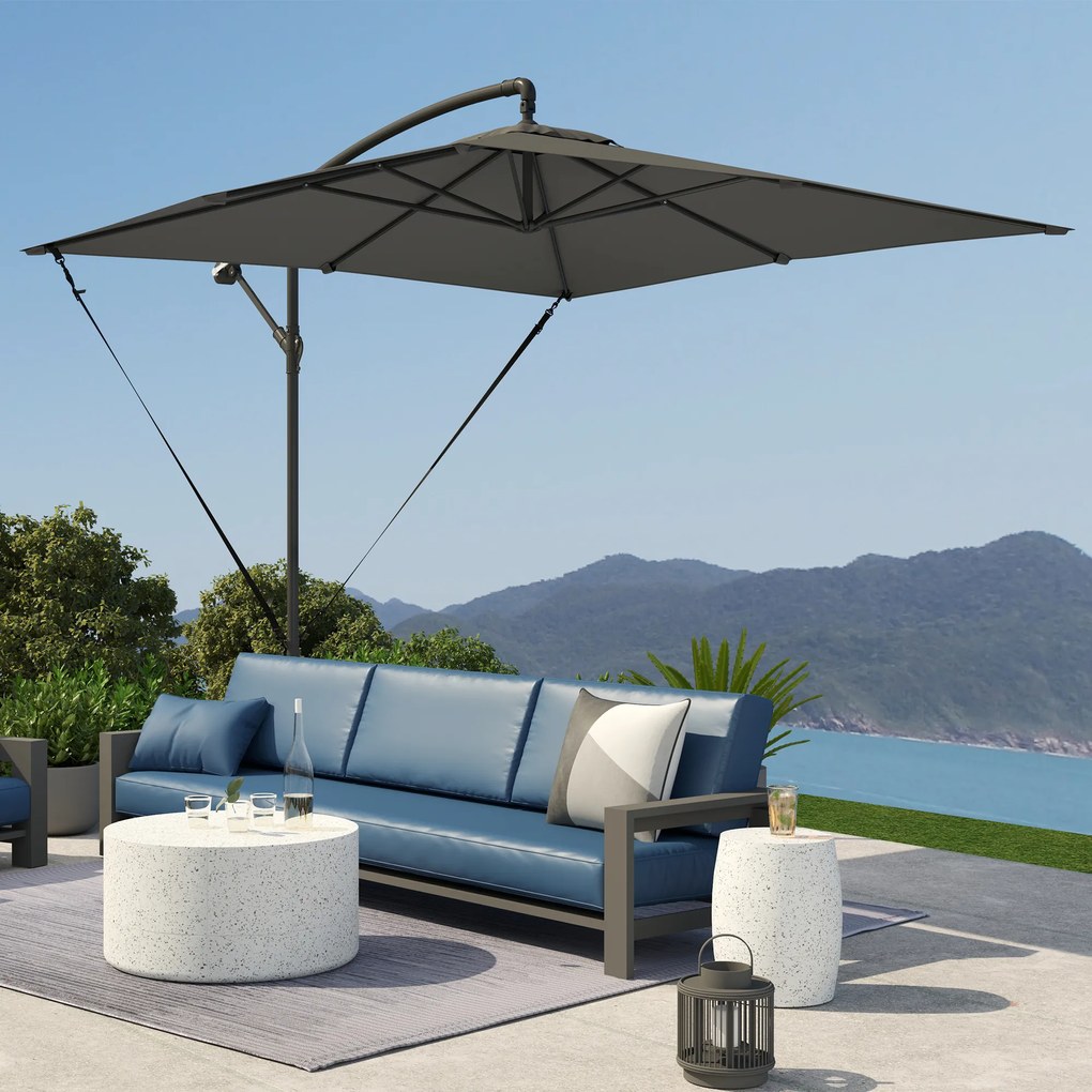 Outsunny Umbrelă de Grădină Suspendată 2.47x2.47 m, Umbrelă de Exterior cu Bază în Cruce, Corzi Antivânt, Gri Închis | Aosom Romania