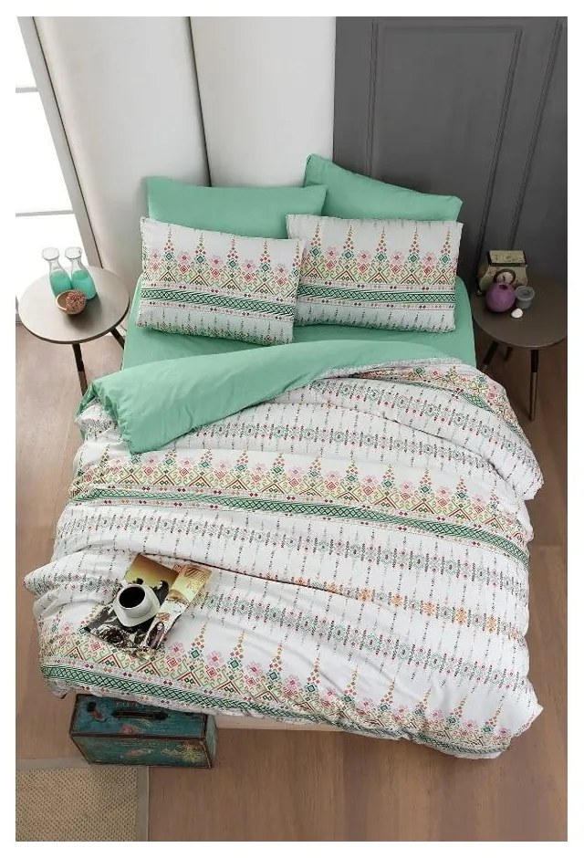 Lenjerie de pat albă/verde pentru pat dublu/canapea extinsă cu cearceaf inclus/cu 4 piese 200x220 cm Ethnic – Mila Home