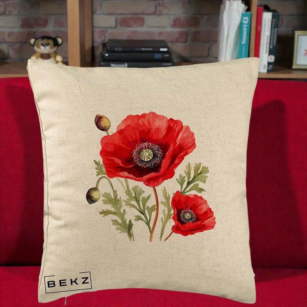 Perna Decorativa Maci Rosii Acuarela, 40x40 cm, Bej, Husa Detasabila, Perna Inclusa, BEKZ®