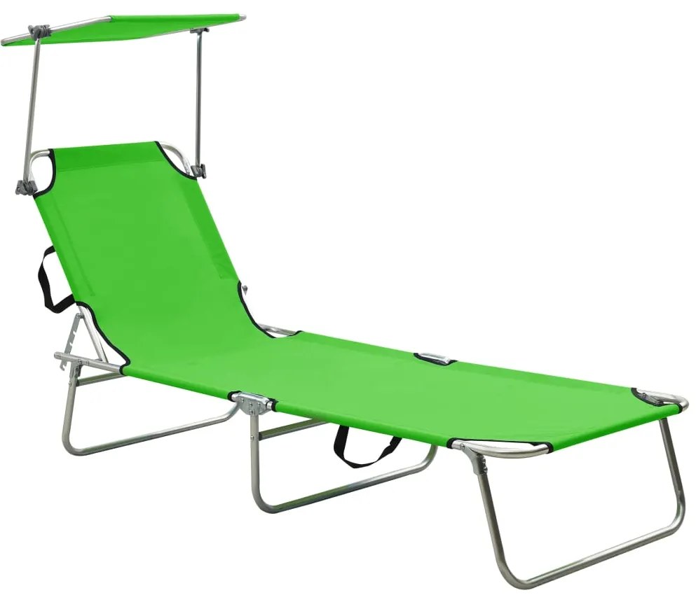 vidaXL Șezlong pliabil cu copertină, verde, aluminiu