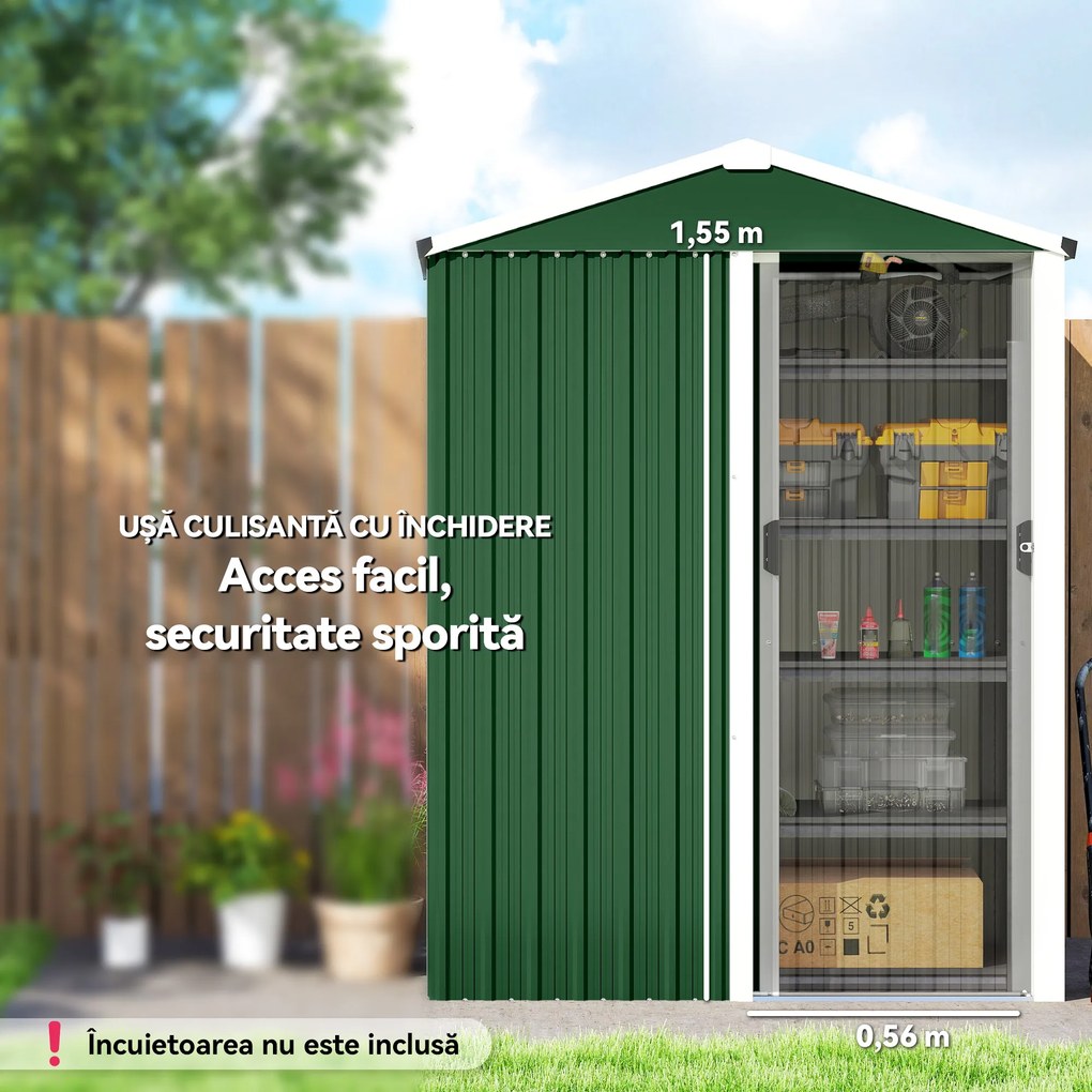Outsunny Căsuță de Grădină 1.1m² din Oțel Galvanizat, Căsuță de Depozitare cu Ușă Glisantă Blocabilă, Acoperiș Înclinat, Mănuși, Căsuță de Unelte, 136x87x179 cm, Verde | Aosom Romania