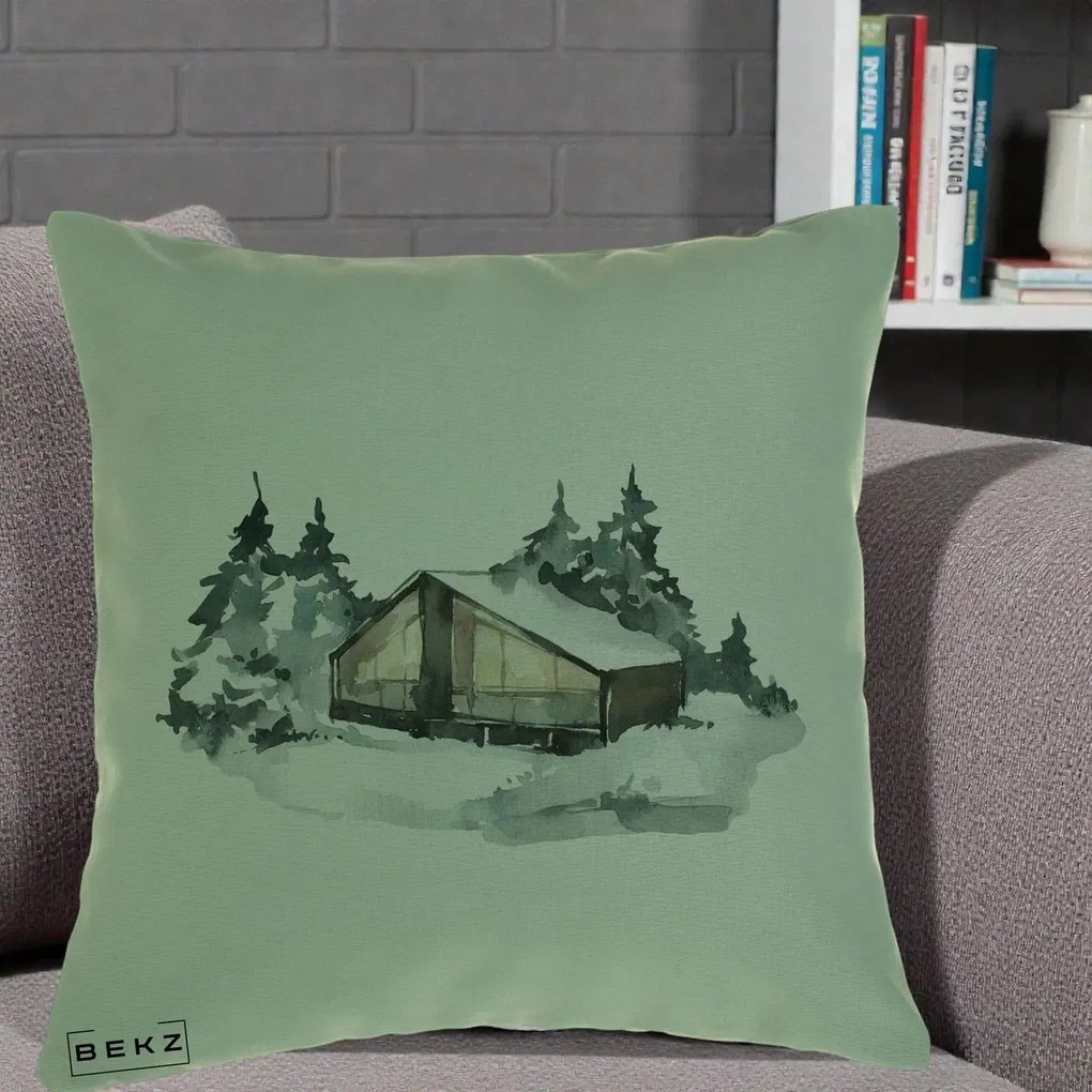 Perna Decorativa Cabana de Iarna in Padure, 40x40 cm, Verde, Husa Detasabila, Perna Inclusa, BEKZ®