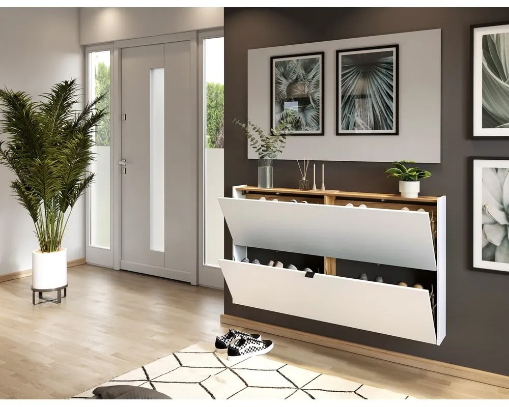 Pantofar alb cu deschidere înclinată, suspendat, cu aspect de lemn de stejar 140x83x18 cm Ameca – Germania