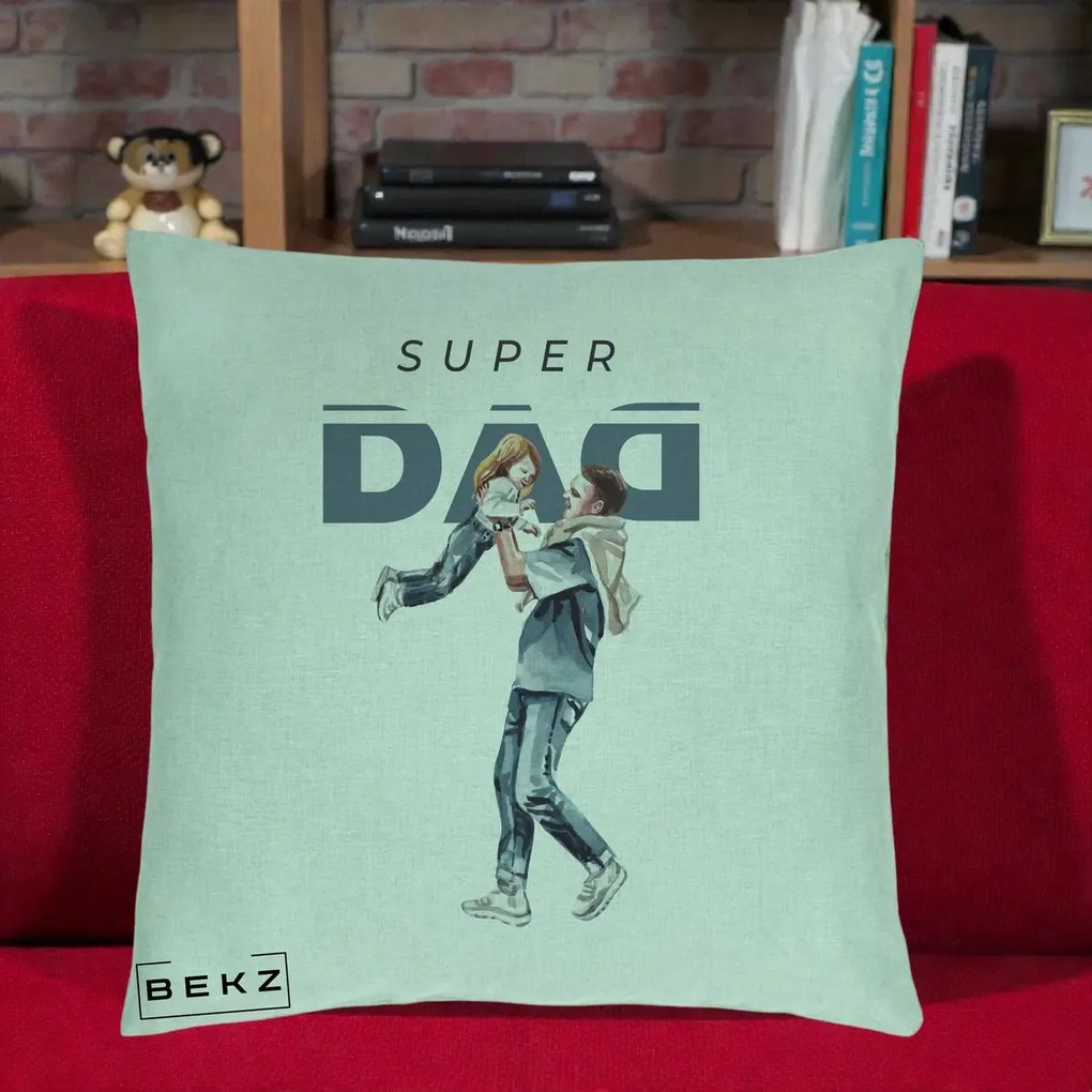 Cadou pentru Tata - Perna Personalizata Super DAD Tata si Fiica, 40x40 cm, Verde Menta, Husa Detasabila, Perna Inclusa, BEKZ®
