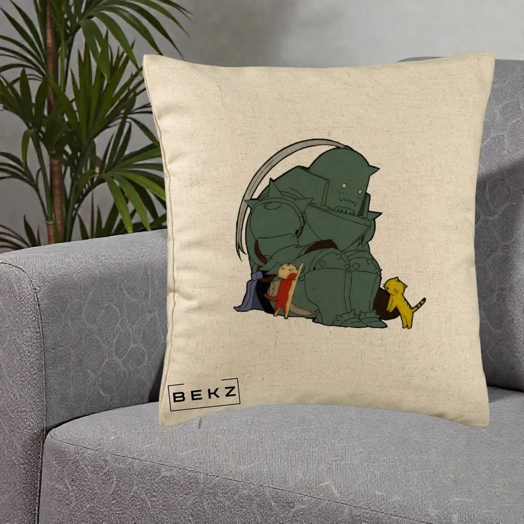 Perna Personalizata Fullmetal Alchemist Alphonse cu Pisici, 40x40 cm, Bej, Husa Detasabila, Perna Inclusa, BEKZ®