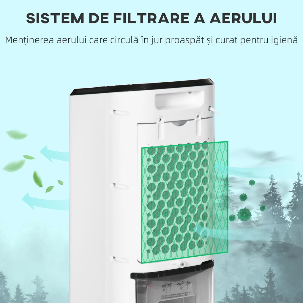 HOMCOM Răcitor Evaporativ 3-în-1, Ventilator, Umidificator cu Gheață și Dezumidificator, 3 Viteze, 3 Moduri și Telecomandă, Timer 12 Ore, 65W din ABS, 24.5x27x60 cm, Alb | Aosom Romania