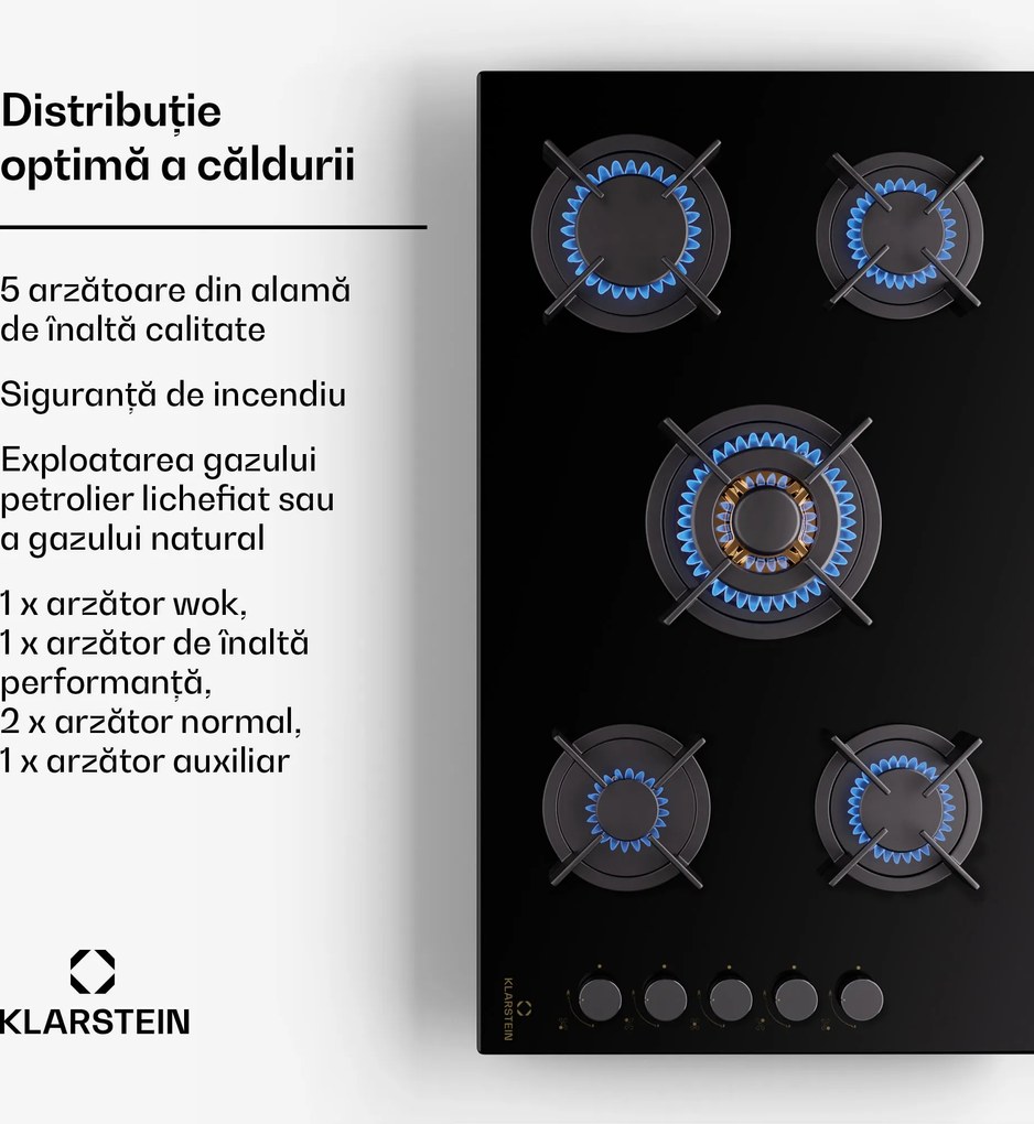 Klarstein Goldflame 5, plită cu gaz, autonomă, 5 arzătoare, control lateral, gaz/propano, ceramică, negru
