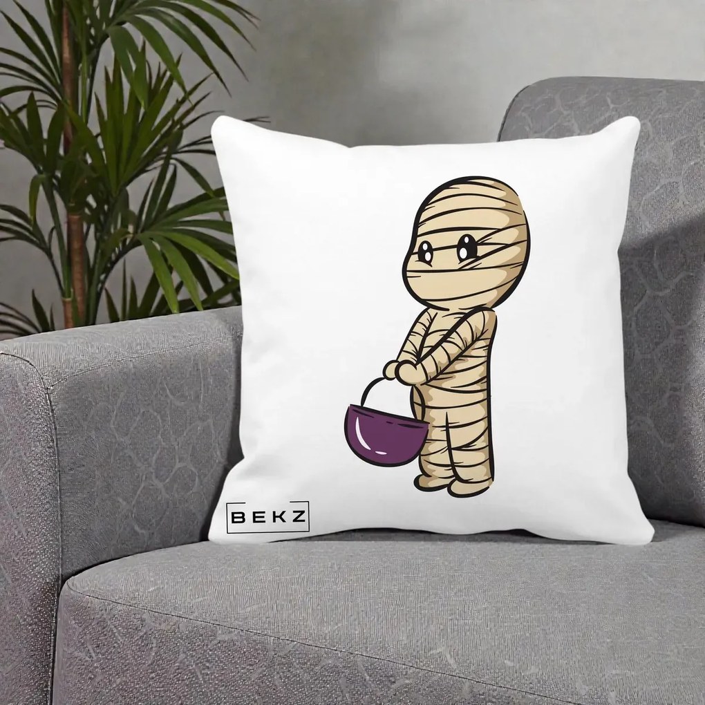 Perna Decorativa Halloween Mummy Kawaii cu Cos, 40x40 cm, Alba Mata, Husa Detasabila, Perna Inclusa, BEKZ®