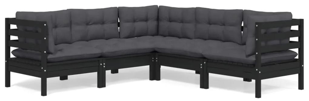 Set mobilier gradina cu perne, 5 piese, negru, lemn masiv pin Negru, 1