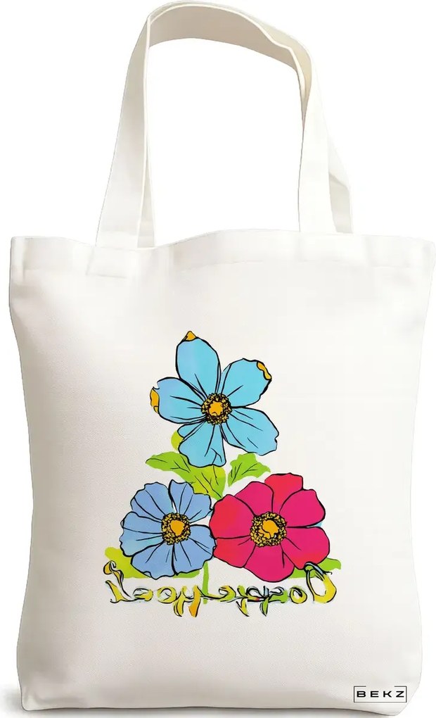 Sacosa de Panza pentru Cumparaturi, Geanta Tote, model Flower Watecolor 2, 38 x 34.5 cm, Alba, BEKZ®
