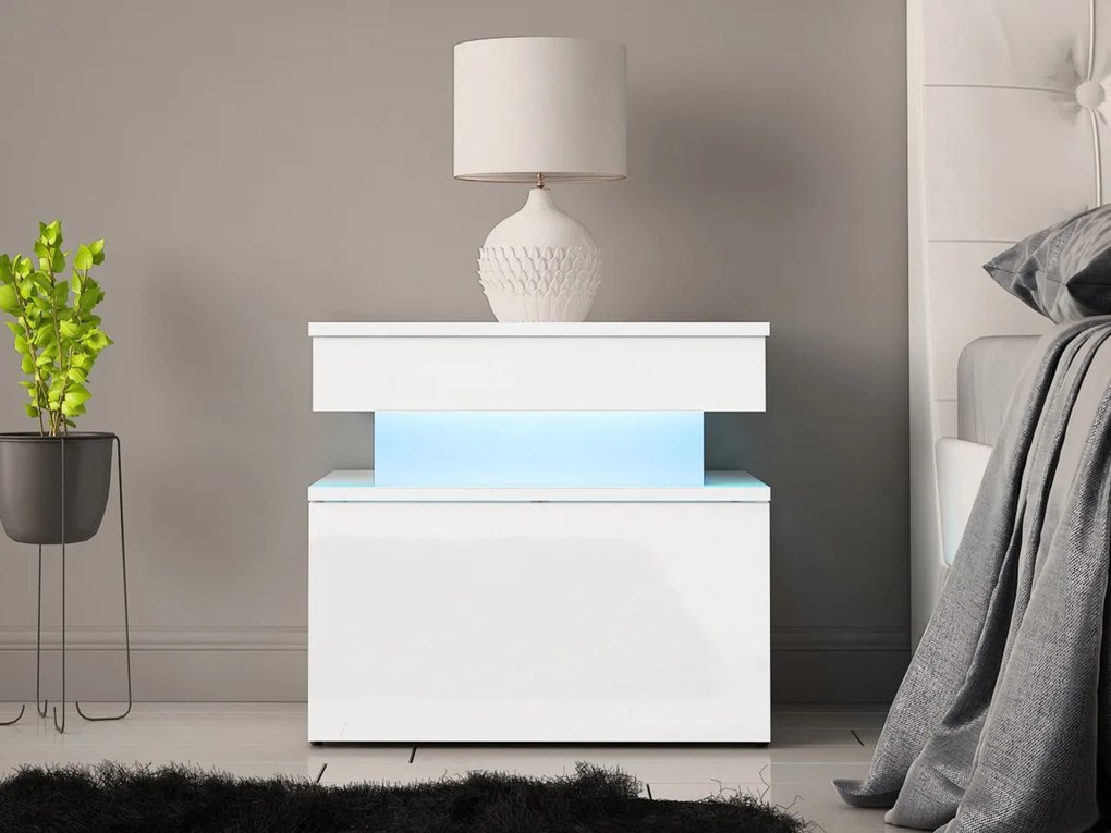 Noptieră Lesteralo 1S (Alb + lucios Alb) (cu iluminat LED albastru). Promo -17%. 1104512