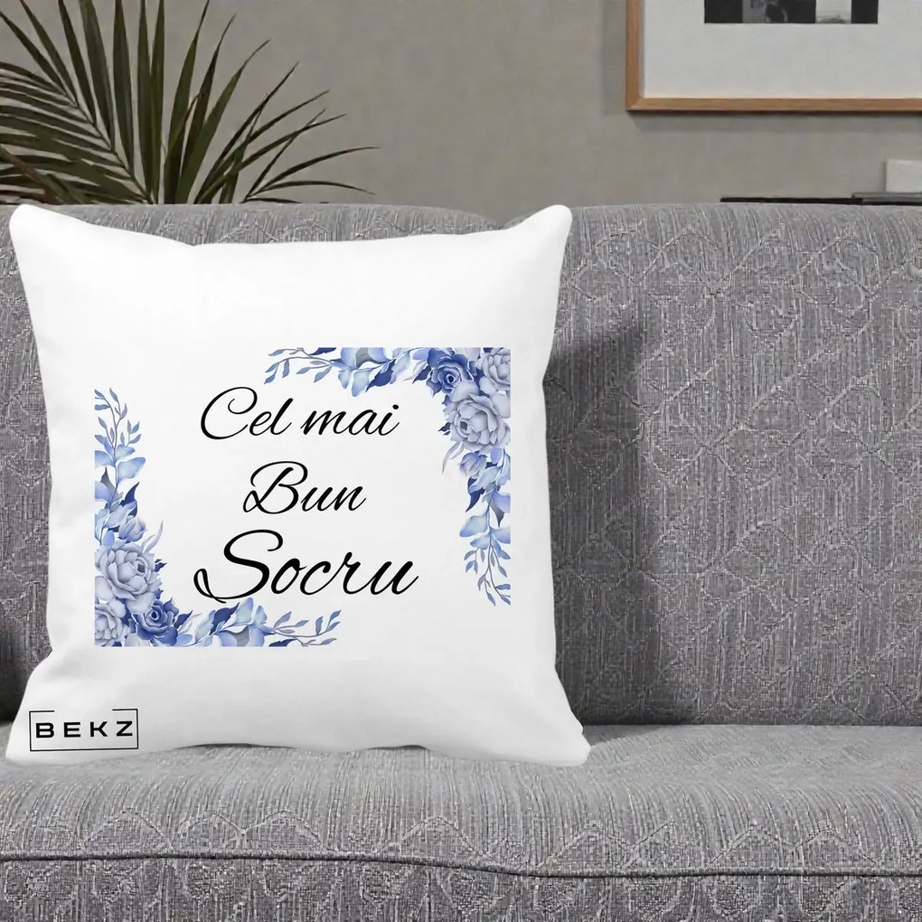 Cadou pentru Socru - Perna Personalizata Cel mai Bun Socru cu Flori Albastre Acuarela, 40x40 cm, Alba Mata, Husa Detasabila, Perna Inclusa, BEKZ®