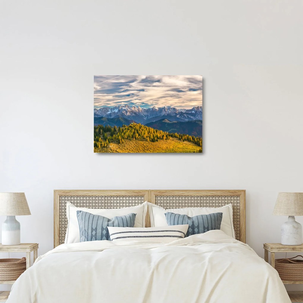 Tablou pe sticlă - panorama montană (70x50 cm)
