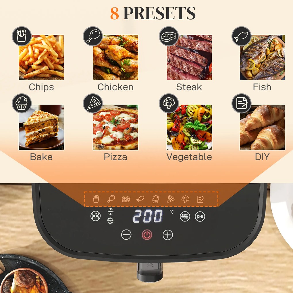 HOMCOM Friteuză cu Aer de 8L 1700W cu 8 Programe și Display LED Negru | Aosom Romania