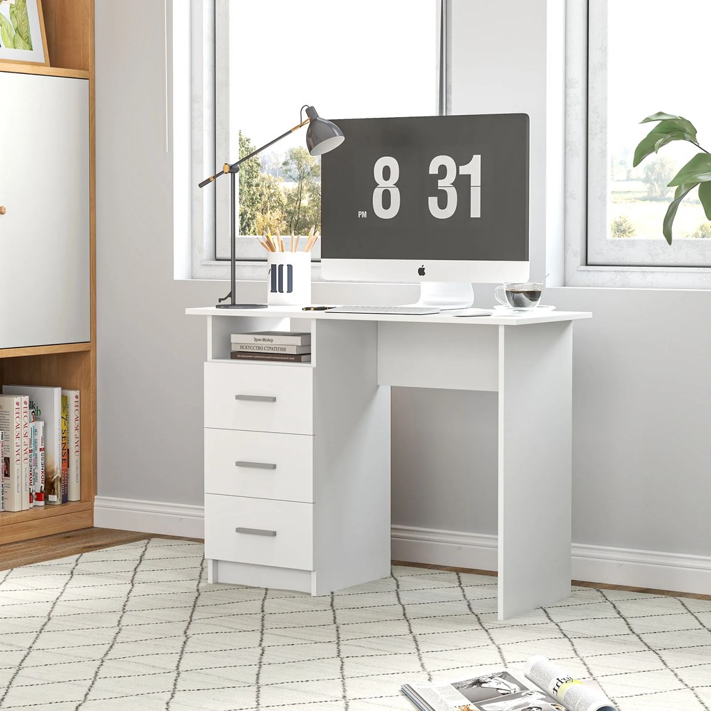 HOMCOM Birou pentru Calculator cu 3 Sertare și Spațiu de Depozitare, 100x40x75 cm, Alb | Aosom Romania
