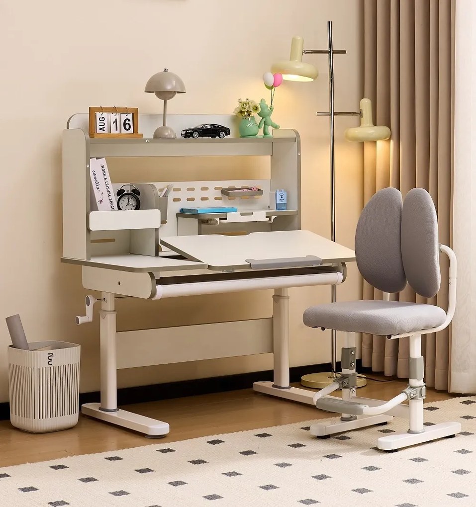 Set birou și scaun ergonomic pentru copii, înălțime reglabilă, blat înclinabil, spătar dublu adaptiv, rafturi și sertar organizator, 100 × 60 cm, gr