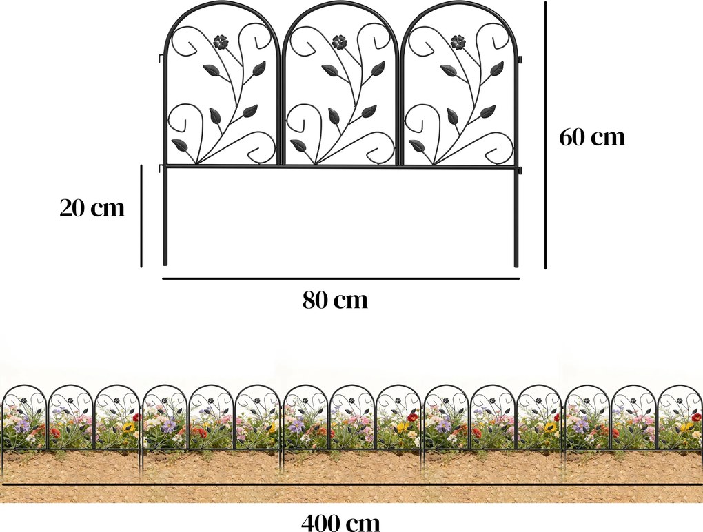 Outsunny Gard de grădină din metal 80 x 60 cm, set grilaj decorativ cu suport pentru grădină, paturi cu flori, barieră pentru animale, Negru | Aosom Romania