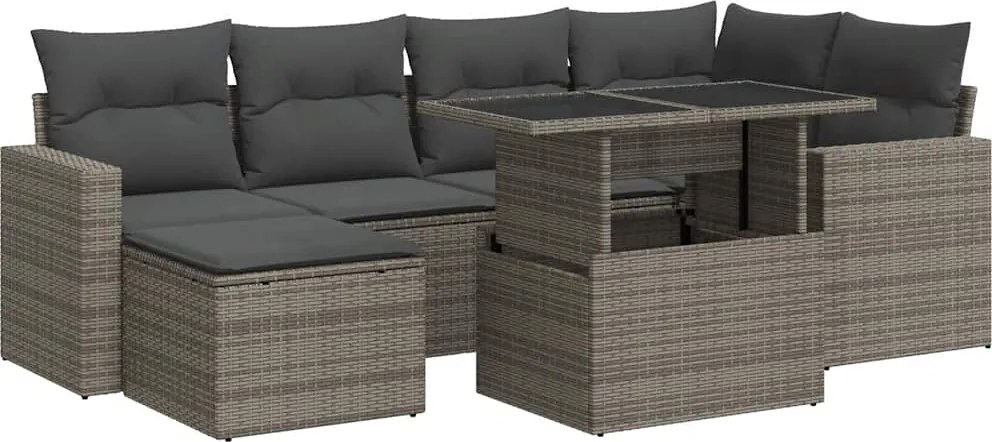vidaXL Set canapele de grădină, 7 piese, cu perne, gri, poliratan
