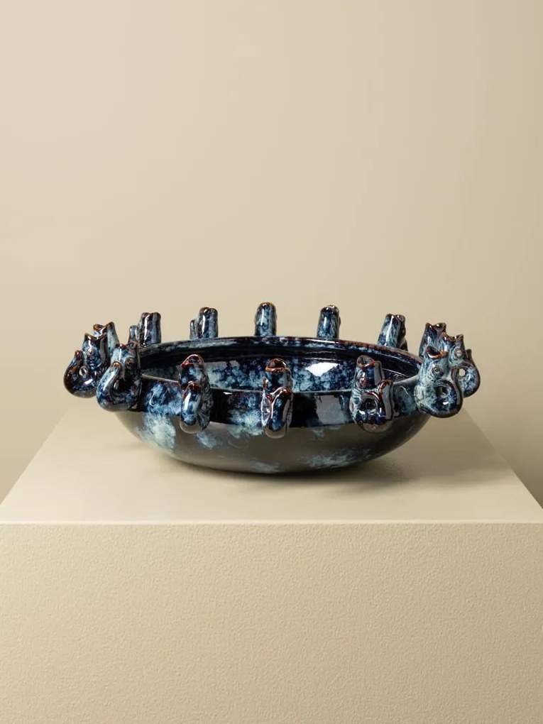 Bol decorativ din ceramică cu pești sculptați în relief, albastru, 10,5 × 42 cm, „Ecume"