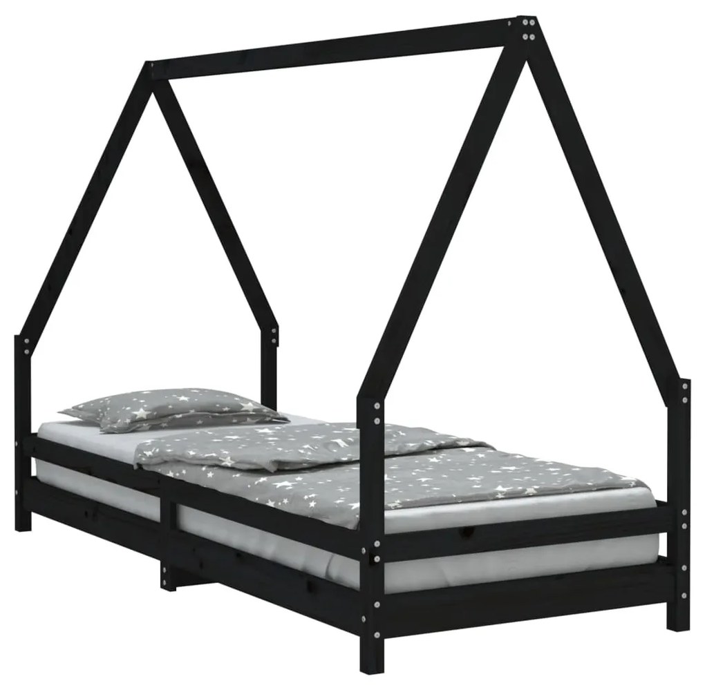 834485 vidaXL Cadru pat pentru copii, negru, 90x200 cm, lemn masiv de pin