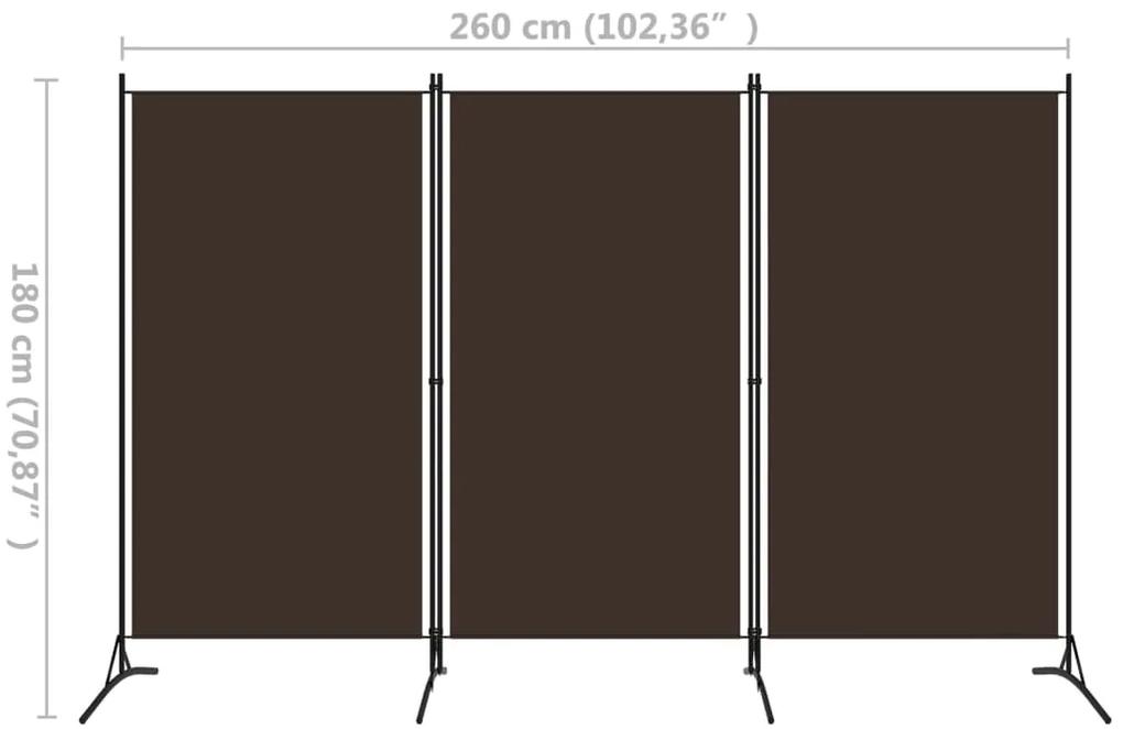 Paravan de cameră cu 3 panouri, maro, 260 x 180 cm, textil