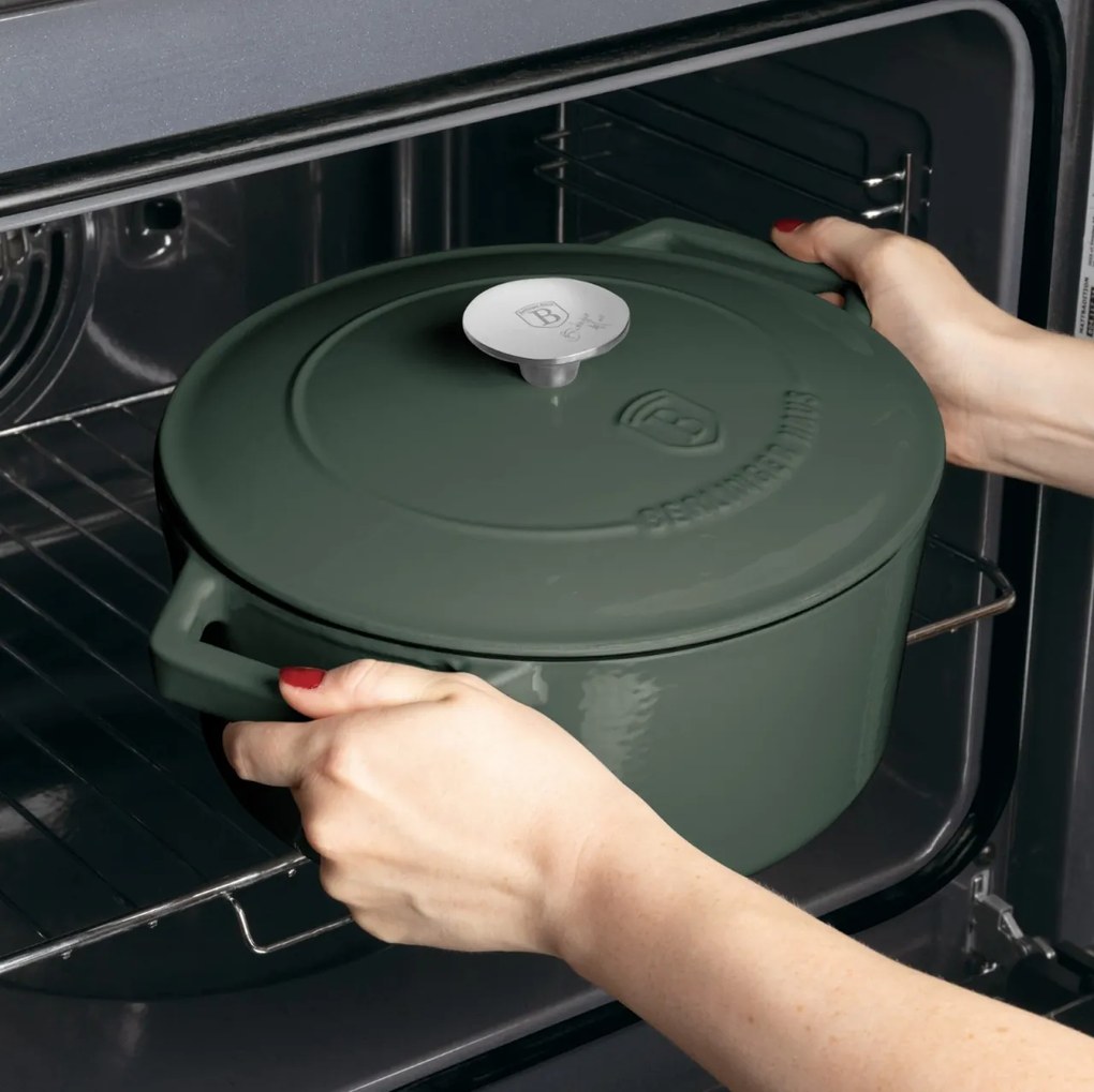 Oala fonta cu capac 4,35L, 24 cm Green Matte Berlinger Haus BH 6544, emailata, verde