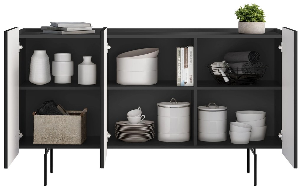 Comodă Malmi 150 cm cu trei uși - negru mat / picioare negre