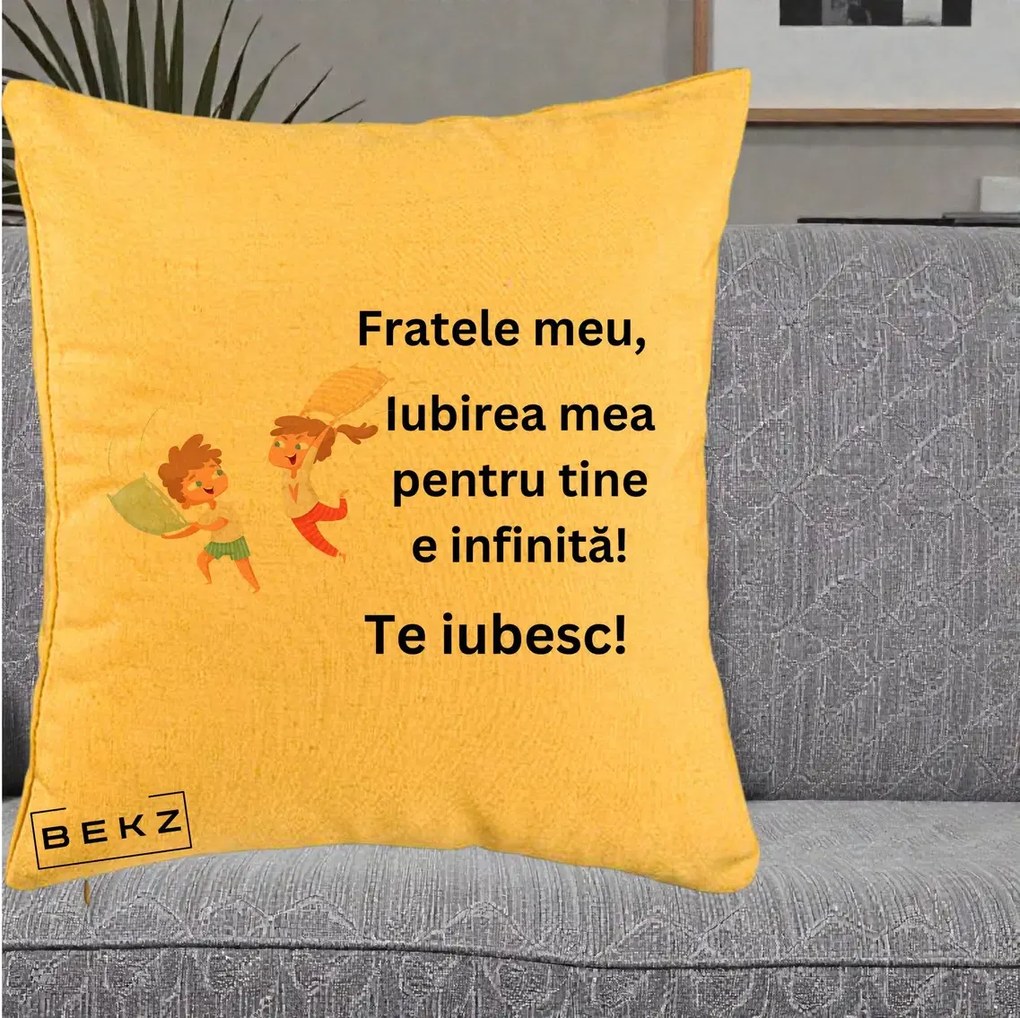 Cadou pentru Frate - Perna Personalizata Fratele Meu Te Iubesc Copii Batalie Perne, 40x40 cm, Galben, Husa Detasabila, Perna Inclusa, BEKZ®