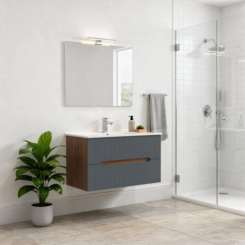 Dulap de baie inferior Trent 80 cu chiuvetă ceramică (2 sertare) stejar sunset-gri antracit