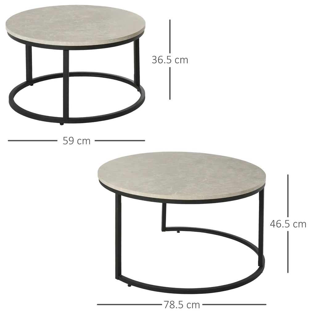 HOMCOM Set 2 Masute de Cafea care se Suprapun, Masute pentru Salon Rotunde din Metal si MDF Efect Marmura, Gri si Negru