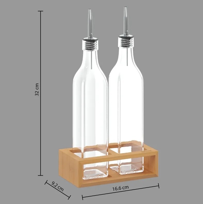 Sticle pentru ulei si otet in suport din bambus GUSTO, 2x 480 ml