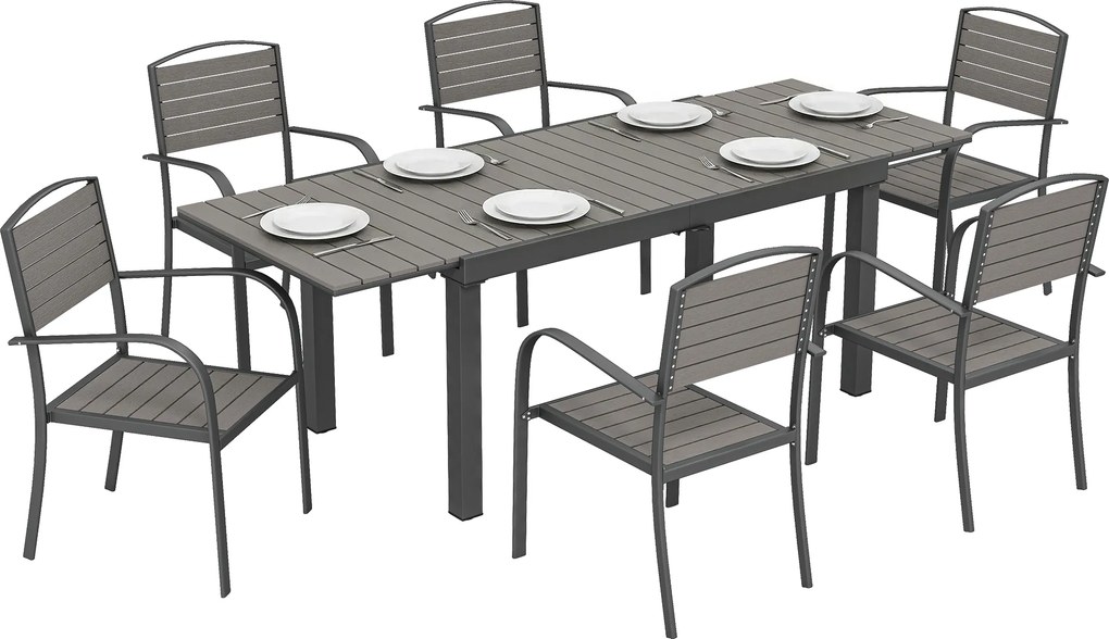 Outsunny Set mobilier grădină 7 piese Masă extensibilă cu 6 scaune Design lamele aspect lemn Cadru aluminiu | Aosom Romania