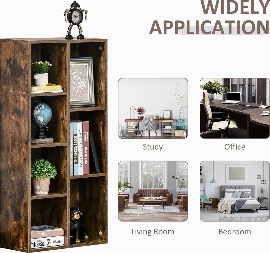 HOMCOM Biblioteca din Lem Stil Vintage Cubica cu 7 suporturi diferite din MDF pentru Casa si Birou 50x24x106cm, Maro Rustic