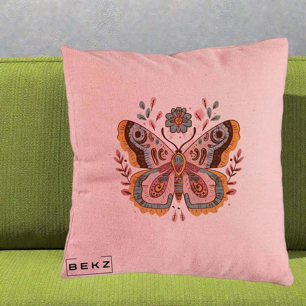 Perna Decorativa Fluture Boho Floral, 40x40 cm, Roz, Husa Detasabila, Perna Inclusa, BEKZ®
