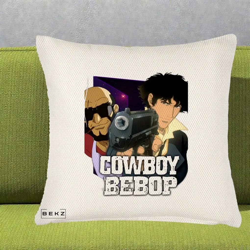 Perna Personalizata Cowboy Bebop Spike si Jet Poster, 40x40 cm, Crem Reliefat, Husa Detasabila, Perna Inclusa, BEKZ®