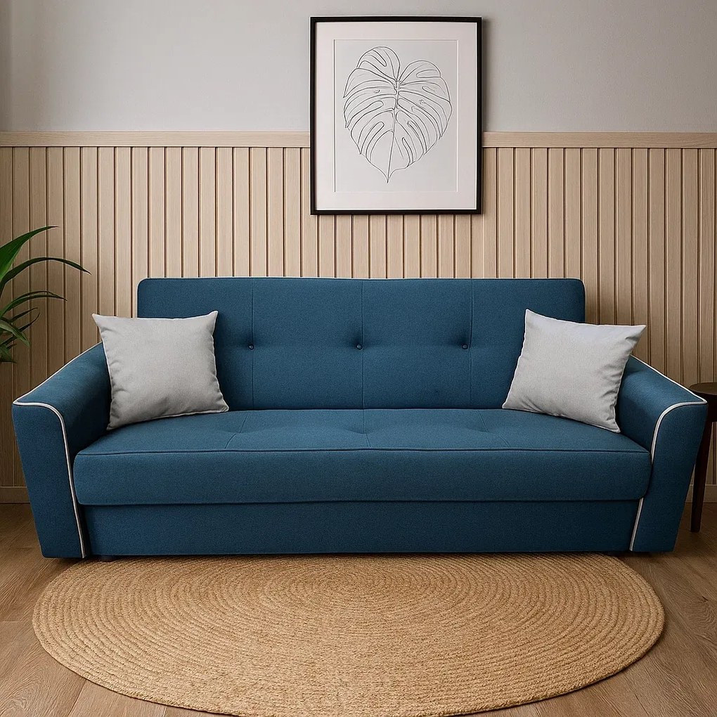 Canapea VERA extensibila, 3 locuri, lada de depozitare, stofa bleumarin + gri, 225x90x90 Bleumarin + Gri, Stofa
