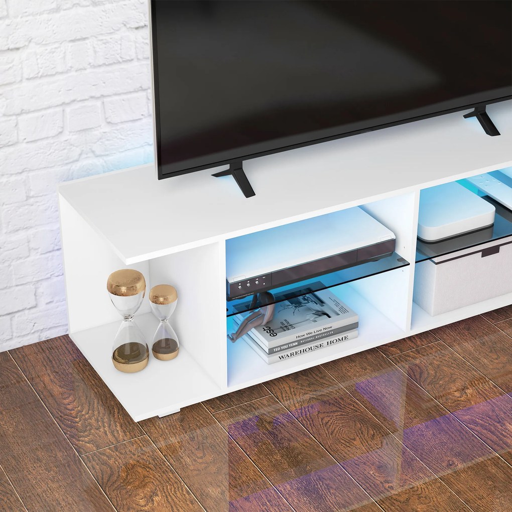 HOMCOM TV Stand, 145cm Modern TV Unit with Glass Shelves, RGB LED Light for 32 40 43 50 52 55 60 inch 4k TV, White | Aosom Romania