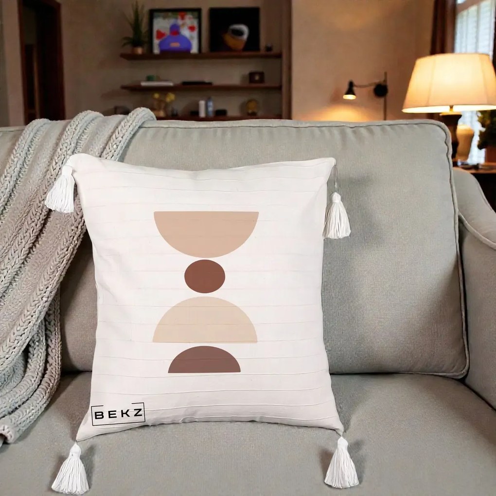 Perna Decorativa Geometric Boho Cerc si Boluri, 40x40 cm, Bej cu Franjuri, Husa Detasabila, Perna Inclusa, BEKZ®