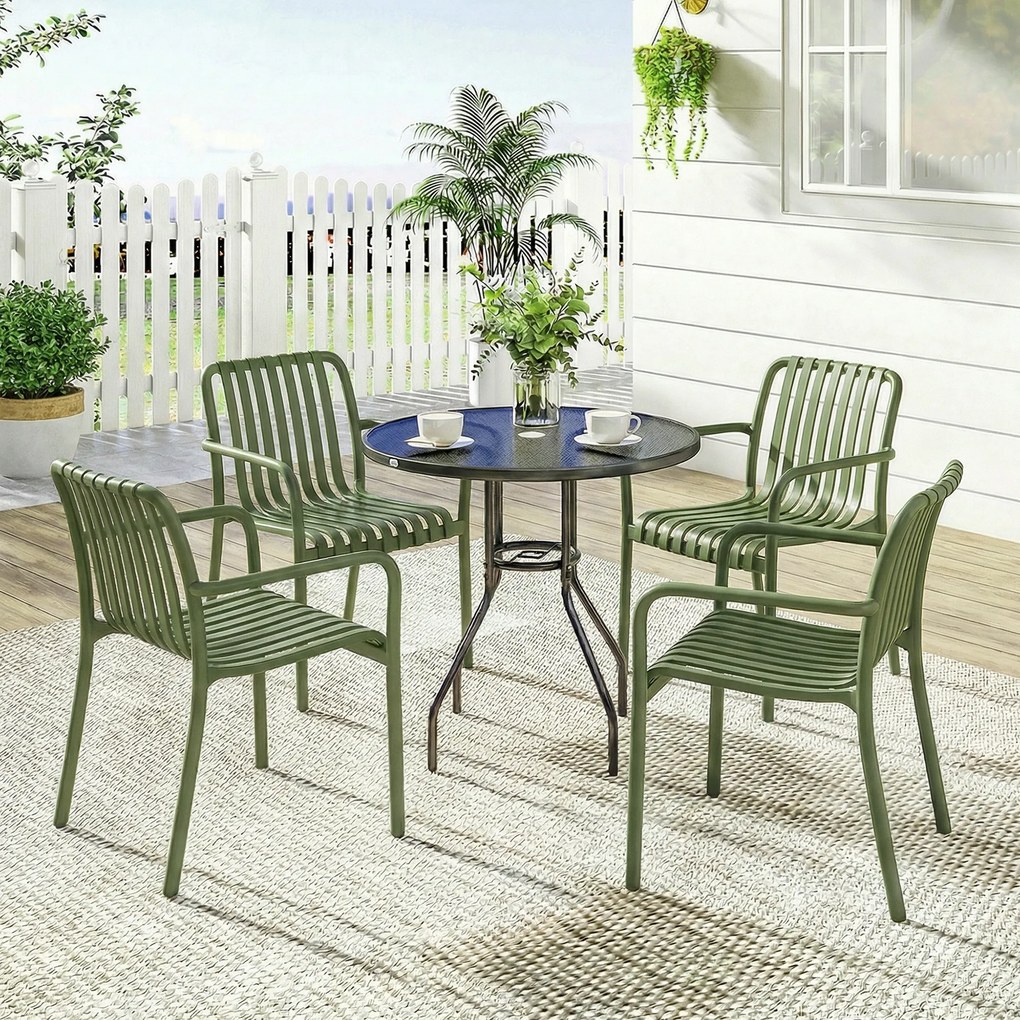 Outsunny Set 4 Scaune de Grădină Stivuibile din Plastic Anti-UV, Scaune pentru Prânz în Exterior cu Spătar Ergonomic cu Lamele și Mânere, pentru Terasă Balcon Grădină Exterior Interior, 55x58,5x81,5 cm, Verde | Aosom Romania
