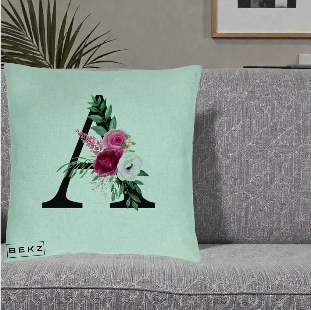 Cadou Personalizat - Perna Personalizata Monograma Florala Litera A, 40x40 cm, Verde Menta, Husa Detasabila, Perna Inclusa, BEKZ®