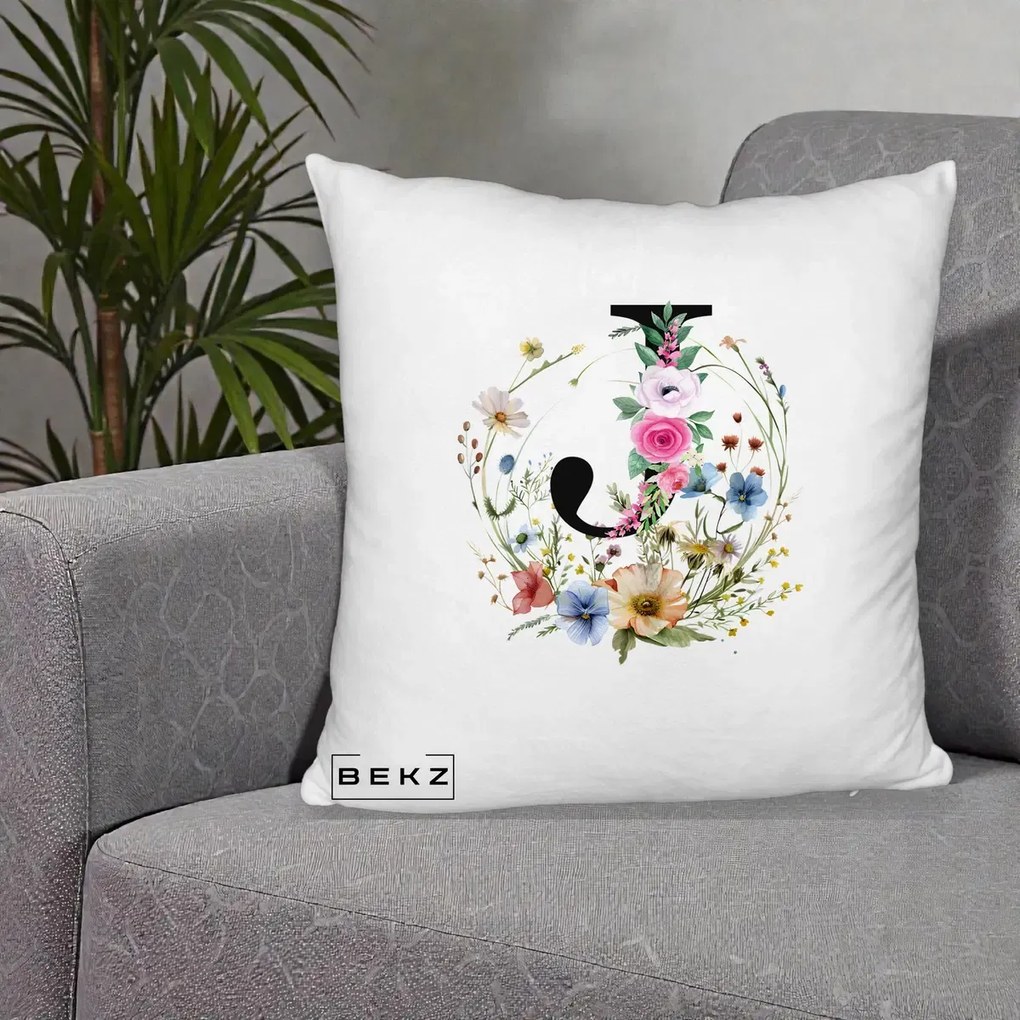 Cadou Personalizat - Perna Personalizata Monogram Litera J cu Flori Acuarela, 40x40 cm, Alb Pufos, Husa Detasabila, Perna Inclusa, BEKZ®