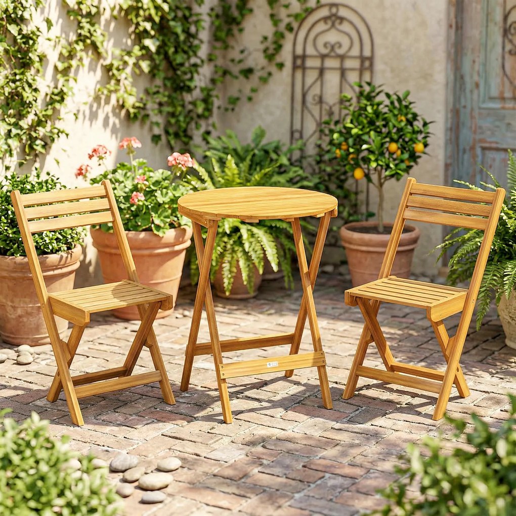 Outsunny Set bistro pliant 3 piese din lemn de acacia cu masă rotundă și 2 scaune, fără asamblare, 60x60x75cm, Natural | Aosom Romania