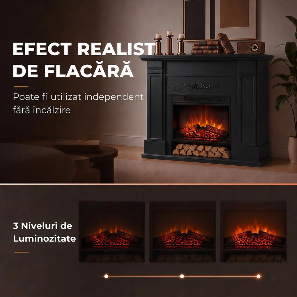 HOMCOM Șemineu electric de podea/încastrat, cu ramă și raft pentru TV 55 inch, 1800W, efect flacără 3D, timer, negru | Aosom Romania