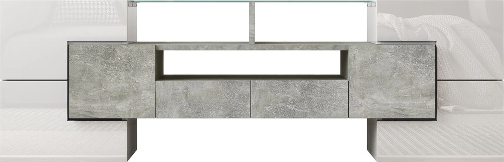 Dulap TV cu iluminare LED, suprafețe din sticlă, cu 6 uși, 2 sertare și 3 compartimente, 145x30x51 cm, Alb+Gri