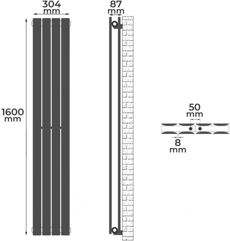 Radiator vertical, conexiune centrală, 1600 x 304 x 69 mm