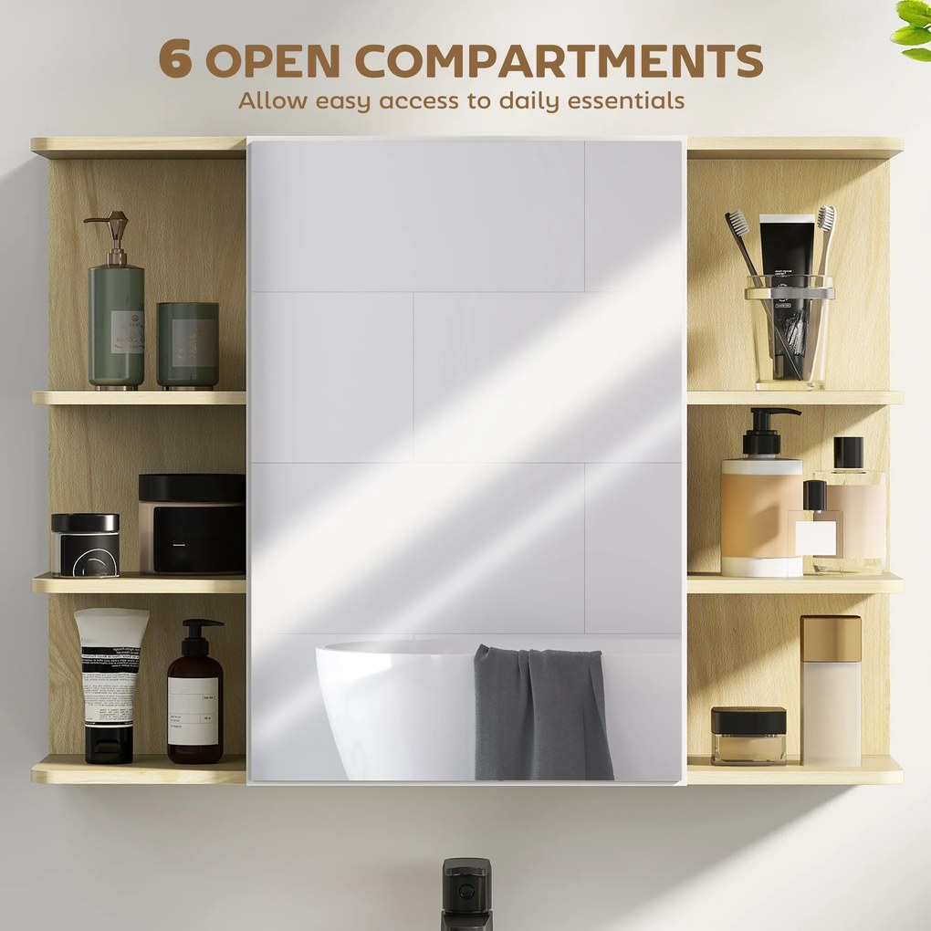 HOMCOM Dulap cu Oglindă pentru Baie cu Dulăpior și 6 Compartimente Deschise 80x20x59cm Lemn | Aosom Romania