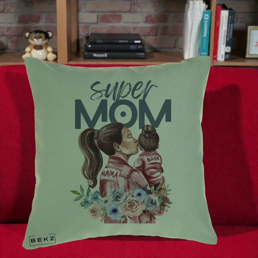 Cadou pentru Mama - Perna Personalizata Super Mom Mama cu Bebelusul, 40x40 cm, Verde, Husa Detasabila, Perna Inclusa, BEKZ®