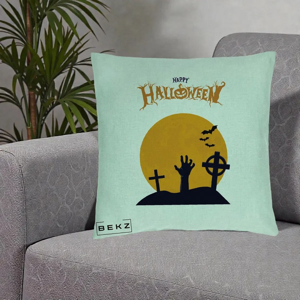 Perna Decorativa Happy Halloween Cimitir cu Luna, 40x40 cm, Verde Menta, Husa Detasabila, Perna Inclusa, BEKZ®
