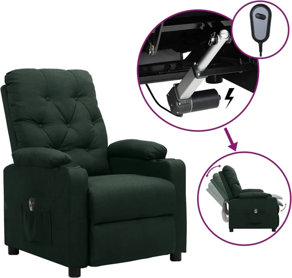 vidaXL Fotoliu rabatabil electric, verde închis, material textil