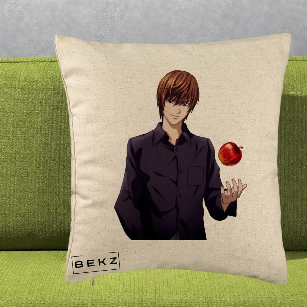 Perna Personalizata Death Note Light Yagami cu Mar, 40x40 cm, Bej, Husa Detasabila, Perna Inclusa, BEKZ®